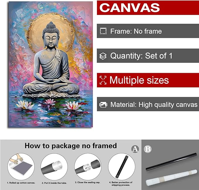 Lotus and golden Buddha meditation tranquil zen wall art mindfulness wall art for spiritual harmony and tranquility decor 12x18in Frameless