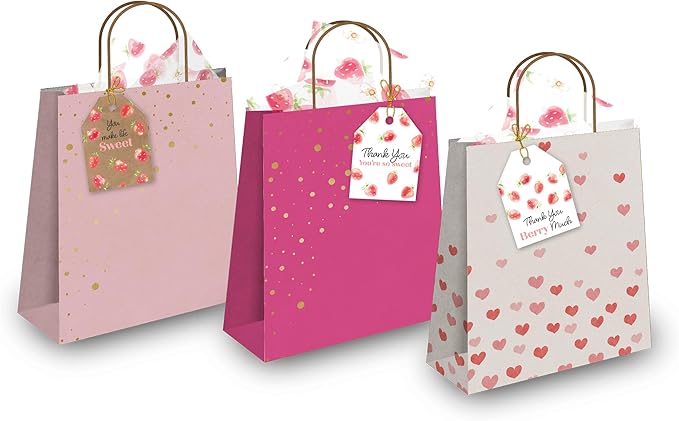 Pro Supply Global 24 Count of 2.5 Inch x 3 Inch Pre Strung Strawberries Gift Tag Assorted Printed Designs on Large Cardstock Gift Hang Tags - Ideal to Use on Bags