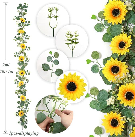 SOMYTING Artificial Sunflower Garland, 4 Packs 6ft Silk Sunflowers Vines Hanging Flowers Garland with Green Leaves for Party Baby Shower Birthday Wedding Room Decor (4PCS)