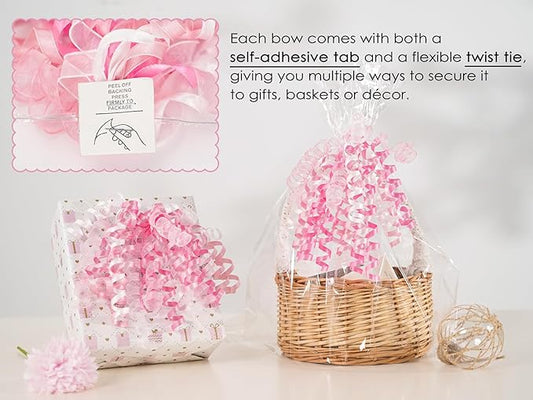 HUIHUANG Bows for Gift Wrapping Pink/White/Hot Pink Curly Bows with Self Adhesive & Twist Tie, 7 inch Pink Gift Bow for Presents, Gift Basket, Baby Shower, Christmas Decor, Party Favors- 6 Counts