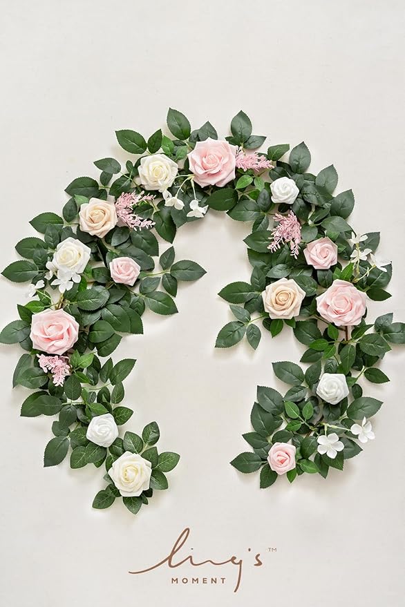 Ling's moment 5FT Blush Artificial Flower Garland Fake Pink Rose Leaves Floral Garland Arch Flowers Vine for Wedding Party Backdrop Decor Mantel Home Table Centerpieces Wall Decorations