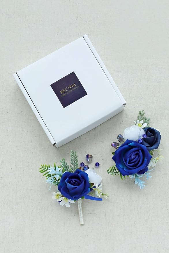 Royal Blue Corsage and Boutonniere Set, Prom Wedding Homecoming Wrist Corsage Wristlet and Boutonniere Set for Grooms Groomsmen Guest Bridal Bridesmaid Artificial Flower Suit Decoration
