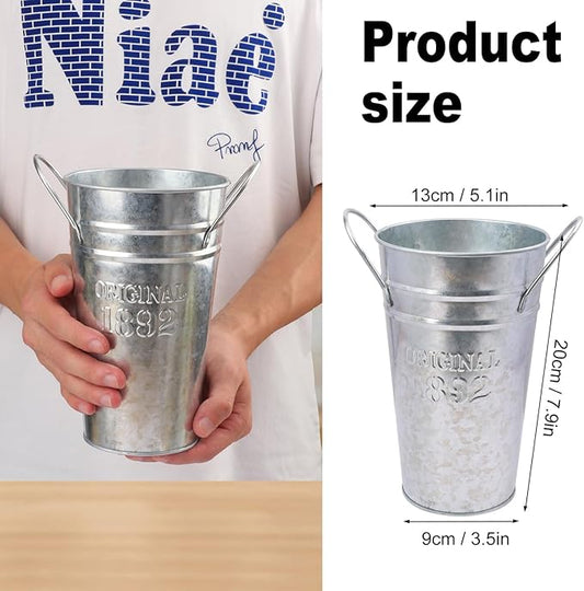6 Packs 8 Inch Tall Galvanized Metal Flower Vases with Handles, Metal Flower Buckets for Cut Flowers, Country Wedding, Table Centerpiece Decorations(Sliver)