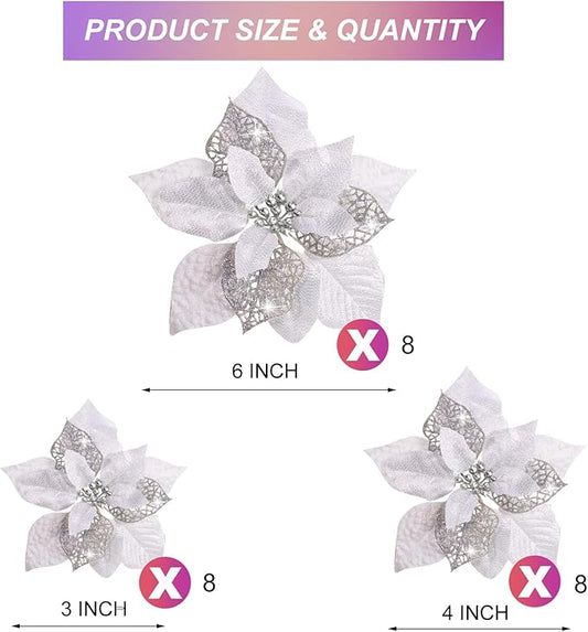 Boao 24 Pieces Christmas Artificial Glitter Poinsettia Flowers Xmas Flowers Wedding Christmas Tree New Year Ornaments(Silver)