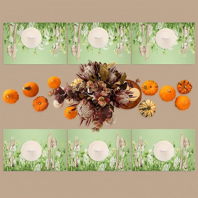 PVC Placemats Set of 6 Sage Green Flower Wipeable Table Mats Washable Heat Resistant Non Slip Vinyl Dining Table Mat for Kithen Indoor Outdoor Patio Farmhouse Place Mats Decorative