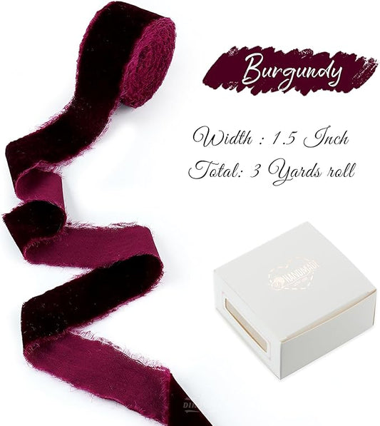 Burgundy Velvet Ribbon 1.5 Inch Maroon Frayed Silk Velvet Ribbon Burgundy Christmas Velvet for Gift, Raw Edge Boho Stylel for Wedding Invitation Bridal Bouquet -3yards