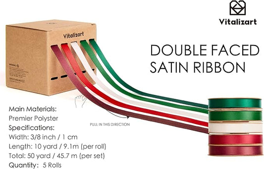 Vitalizart Christmas Ribbons for Crafts 3/8" x 50 Yd Satin Ribbon Green Red Cream White Double Face Gift Wrapping Silk Like Fabric Flower Bouquet Party Decorations Bridal Shower Wreath Hair