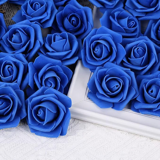 Artificial Rose Flower Heads, 100pcs Royal Blue Fake Roses Artificial Flower Foam Rose for DIY Wedding Bouquets Centerpieces Arrangements Party Baby Shower Home Decor (Stemless, Royal Blue)