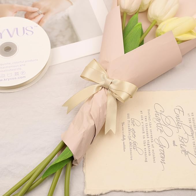 Beige Satin Ribbon, Double Faced 5/8 Inch X 25 Yards Beige Ribbon, Premium Satin Ribbon for Gift Wrapping, Crafts, Hair Bow Making, Sewing, Flower Bouquet, Wedding Party Decor