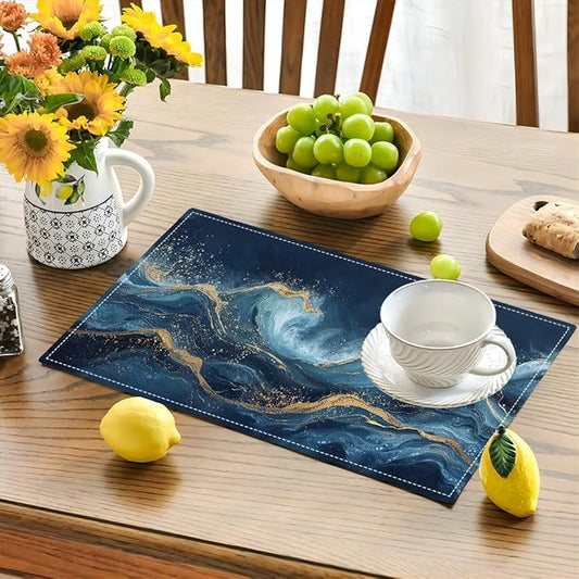 Abstract Blue Wave Placemats Set of 6, Sea Navy Double-Sided Table Mats for Kitchen Home Party Indoor Decor 6 PCS 12x18 Inch