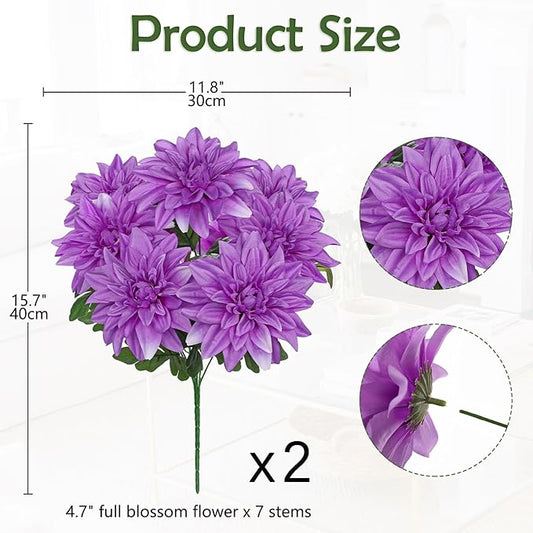 Hollyone 2Pcs Purple Artificial Dahlia Flowers Bush 7 Heads Silk 15.7" Fake Dahlias Flowers Wedding Bouquets Faux Dahlia Flower Floral Arrangements for Outdoor Indoor Table Centerpieces Home Decor