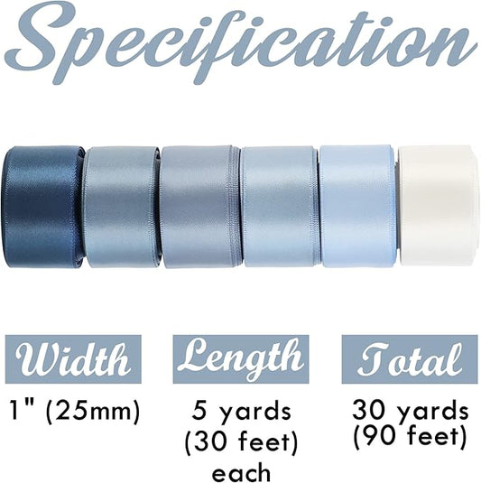 HUIHUANG Dusty Blue Ribbon Set Double-Faced Satin Ribbon 1 inch Dusty Blue Wedding Ribbons for Flower Bouquet Wedding Bridal Shower Baby Shower Decor Hairs Gift Wrap Crafts- 6 Color X 5 Yards Each