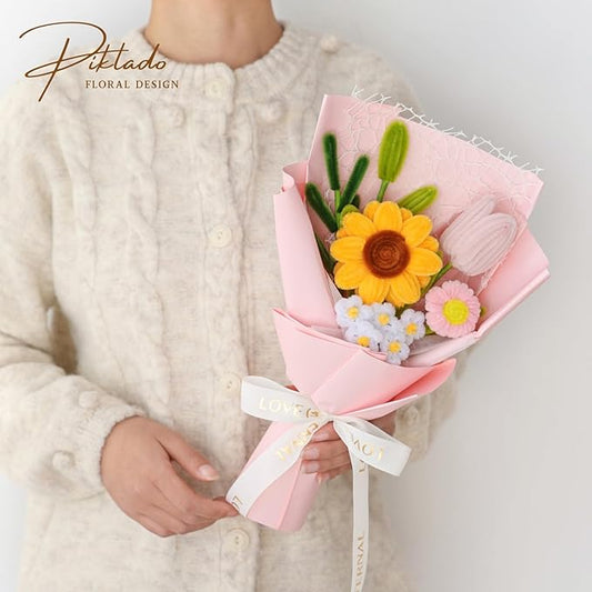 Hand-Woven Flower Bouquet Finished(1pcs) for Mother Girlfriend Birthday Gift Wedding Decoration Crochet Artificial Flower, Bouquet Gift (Sunflower Pink)
