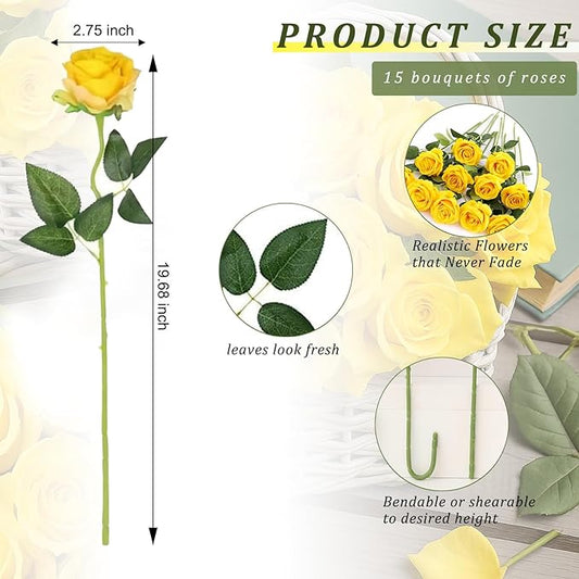 Yellow Roses Artificial Flowers 15 PCS, Fake Roses Silk Flowers with Long Stems, Faux Rose for Wedding Centerpieces, Home Decor, Indoor Floral Arrangements, Party Decor, DIY Bouquet (Yellow)