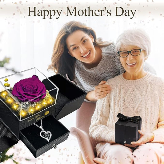 Preserved Real Rose-Eternal Flowers Purple Rose Gifts for Women Her Mom Wife Girlfriend on Valentines Mothers Day with I Love You Necklace 100 Languages Engraved Acrylic Block Puzzle Piece
