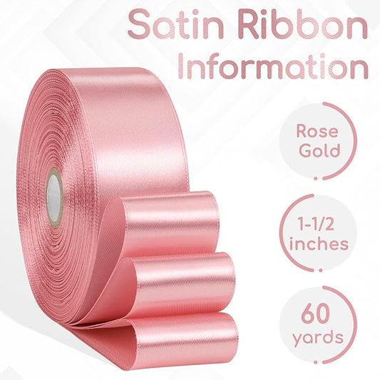Rose Gold Satin Ribbon 1-1/2 Inch 60 Yards, Solid Polyester Fabric Ribbons for Eternal Flower, Gift Wrapping, Flower Bouquet, Crafts, Hair Accessories, Wedding