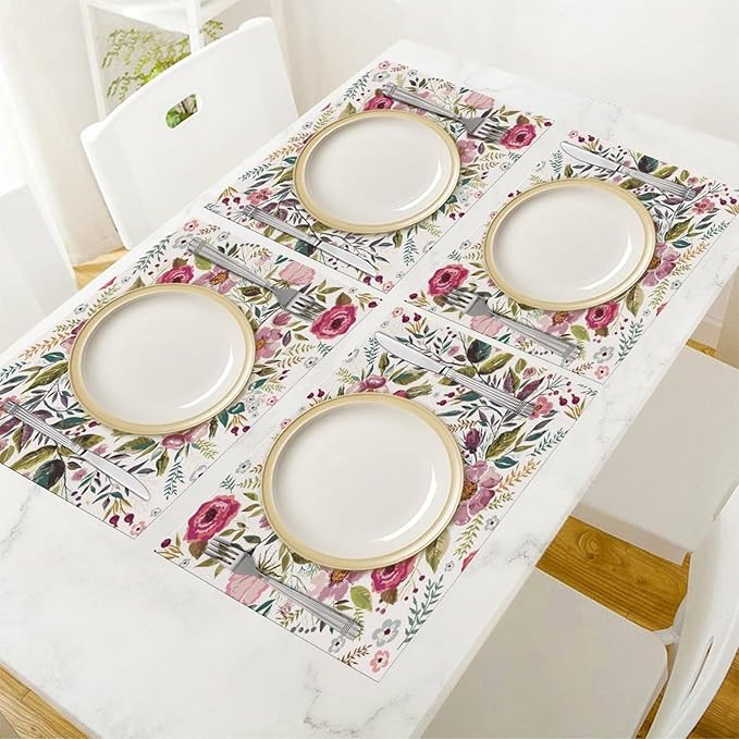 Watercolor Flower Linen Placemats Set of 4,Summer Floral Non Slip Heat-Resistant Washable Table Place Mats Tablemats for Kitchen Dining Table 4 PCS, Pink Flowers
