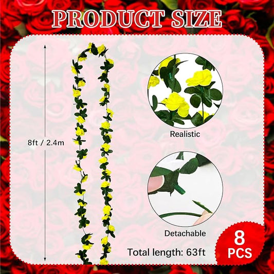 16Pcs 126Ft Yellow Rose Garland, Fake Rose Hanging Flowers, Artificial Flower Vine, Hanging Floral Vine Garland for Wedding, Birthday Party, Wall Arch, Halloween, Christmas Garden Backdrop Decor
