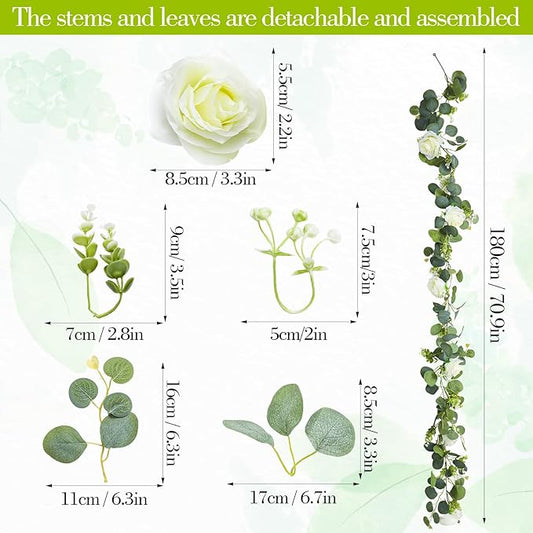 3 Pcs Total 18Ft Artificial Eucalyptus Flower Garland, Faux Eucalyptus Garland with White Roses Fake Flowers Vines for Centerpiece, Wedding, Party, Table, Background, Arch, Indoor Outdoor Decor