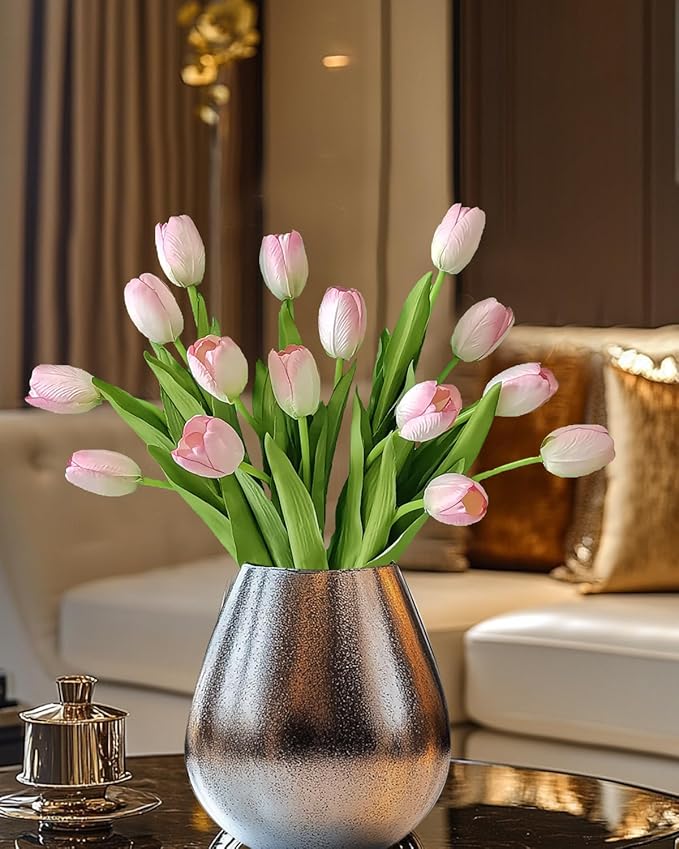 12pcs Pink Artificial Tulips, Real Touch Silk Faux Flowers, 13.8 Inch Stems, for Wedding Home Decor, Mother's Day Easter Gifts, Table Centerpiece Bouquets Arrangements
