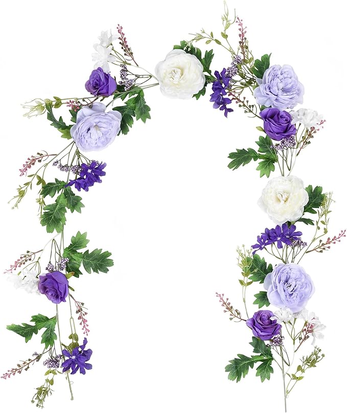 2 Pack Artificial Peony Flower Garland - 6ft Silk Peony Garland Flowers Vine Purple and White Peony Silk Roses Flowers for Wedding Arch Party Table Decoration
