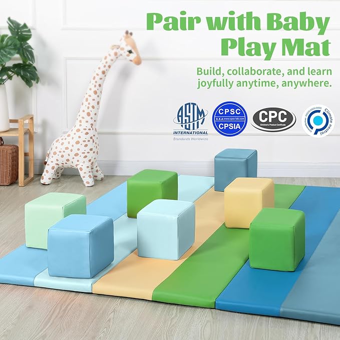 Foam Building Blocks for Toddlers:12-Pieces Wipeable Leather Stacking Cubes Kids - Large Soft Toys Play Set for Learning Construction Baby Preschool Daycare Therapy Birthday Gift (Yellow Green)
