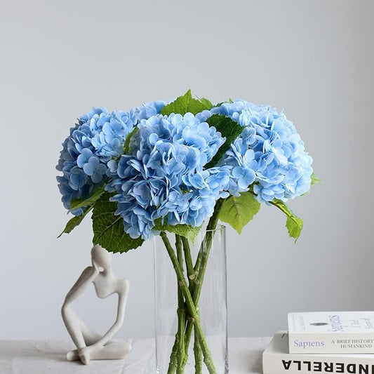 4pcs 21" Faux Blue Hydrangeas Artificial Flowers, Real Touch Silk Hydrangea Flowers with Stems for Bridal Wedding Bouquet Party Home Decor