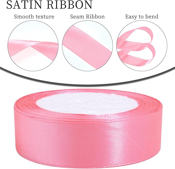 Pink Ribbon for Gift Wrapping, 1 inch Polyester Satin Hair Ribbon for Flower Bouquet, Weeding Decoration, Baby Shower, Crafts Bows Fabric Christmas Ribbons 25 Yards