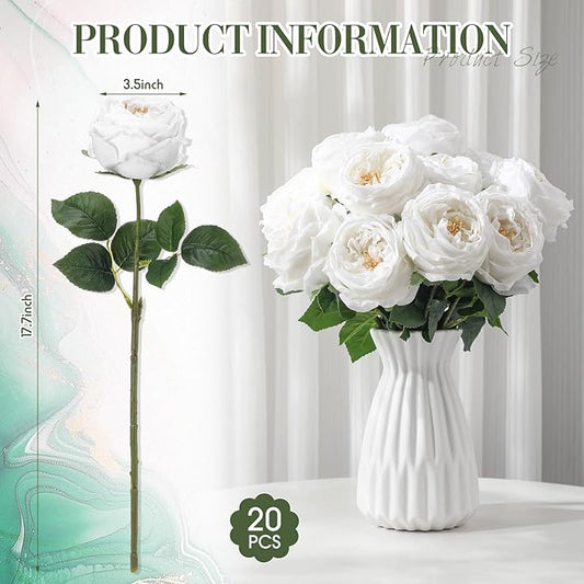 Giegxin 20 Pcs Real Touch Peonies Austin Roses Artificial Flowers, Faux Look Real Long Stems Fake Flower with Big Blooms for Christmas Valentines Wedding Party DIY Arrangement Home Decor(White)