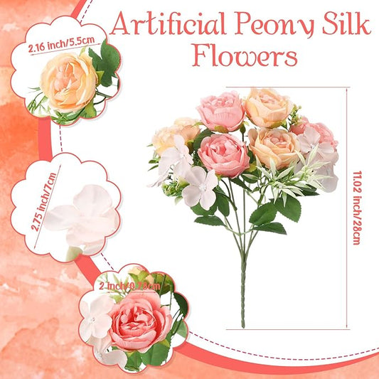 Geosar 8 Bundles Artificial Peonies Flowers Fake Silk Peony Bouquet Faux Peonies Flowers Bulk for Decoration Vase Floral Arrangements Wedding Party Table (Pink,Yellow)