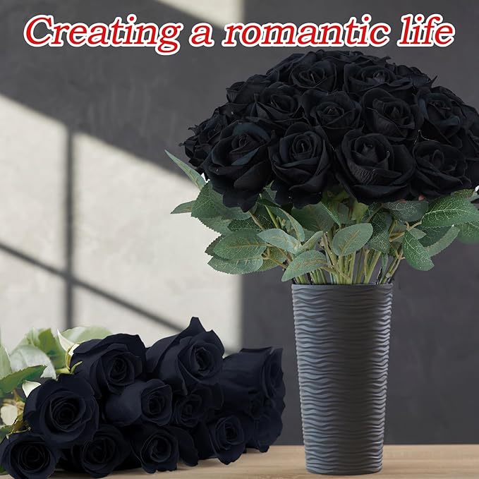 30pcs Fake Roses Artificial Silk Flowers Long Stems Bouquet for Wedding Bridal Shower Party Home Decoration (Black)