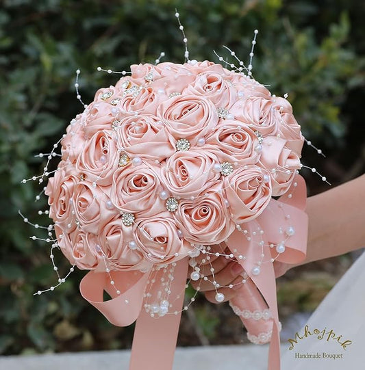 Bridal Wedding Bouquet Round Bling Brooch Bouquet Throw Toss Artificial Rose Flower Bunch for Bride Bridesmaid Wedding Quinceanera(Peach Pink, 6.3")