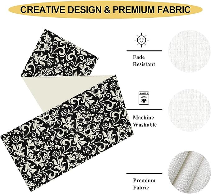 Black Damask Table Runner, Rustic Vintage Floral Antique Victorian Style Print Table Decor for Home Kitchen Dining Patio Holiday Party Indoor Outdoor Table Decorations 13x36 inch