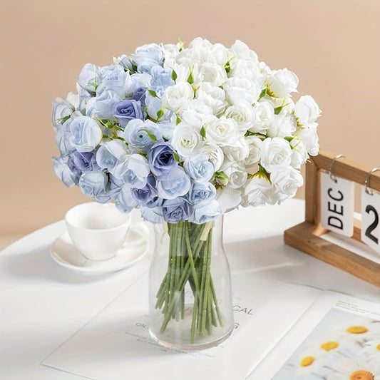 ASTRYAS Blue and White Roses Artificial Flowers, 36Pcs 108 Heads Fake Roses Flower Arrangement, Faux Silk Flowers Roses Bouquet for Home Decor Wedding Party Table Centerpieces DIY Bouquet
