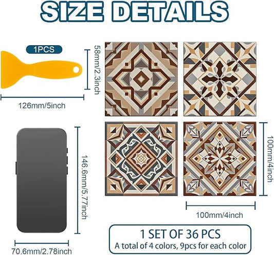 CHGCRAFT 36 Pcs 4 Style Wall Stickers Beige Geometric Peel and Stick Wall Tile Sticker Retro Texture Pattern Waterproof Self Adhesive Stick on Tile Decals for Kitchen Bathroom Art Decor, 4×4 Inch