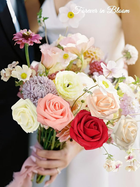 MACTING 30PCS Artificial Flower Roses Real Touch Fake Spring Flowers with Stem Foam Roses for DIY Wedding Bouquet Floral Arrangements Table Centerpieces Party Home Mothers Day Decor (Mix Color 3)
