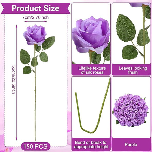 150 Pcs Roses Artificial Flowers, Silk Purple Artificial Flowers Petals Long Stem Roses for Wedding Bouquet Home Party Decor