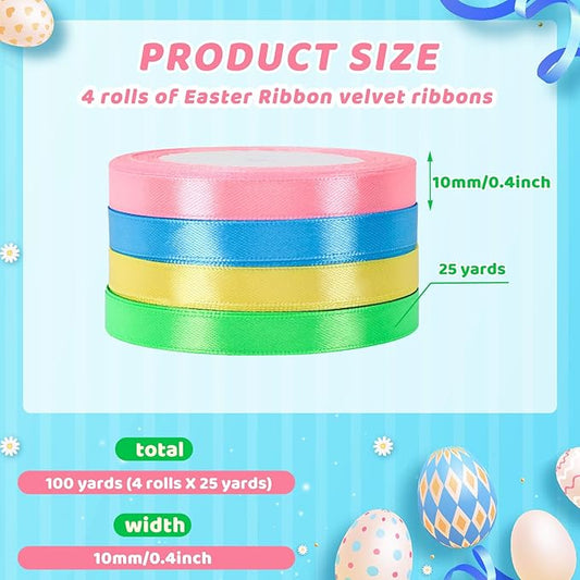 DECYOOL Easter Ribbon, 4 Rolls 100 Yards Satin Ribbons 10mm Wide Spring Colorful Craft Ribbon for Gift Wrapping Parties, Pink, Blue, Yellow, Green