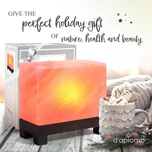 d'aplomb 100% Authentic Natural Himalayan Salt Lamp;Hand-Carved Modern Rectangle Rare Pink Crystal Rock Salt from The Himalayan Mountain; Footed Wood Base, Dimmer Cord; 11.5 lbs
