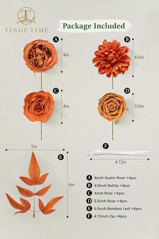 TINGE TIME Artificial Flowers Combo Box Set 16PCS Fake Rose Silk Flower with Stem for DIY Wedding Bouquets Centerpieces Baby Shower Party Home Fall Decoration (Blood Orange & Burnt Orange)