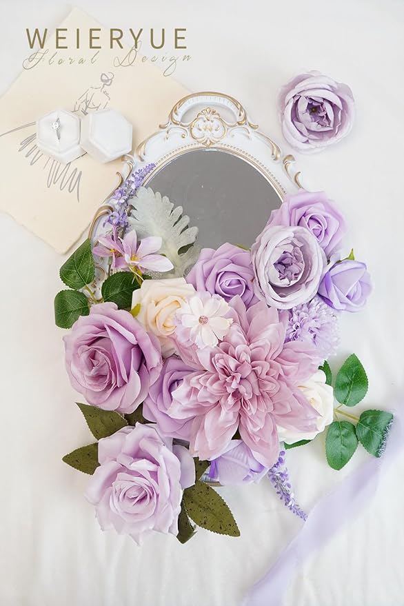 Purple Artificial Flowers Combo Box Wedding Decor,Fake Flowers,Flowers for Decoration,Silk Flowers for Home Decor Indoor,Cake Flowers,Faux Flowers for Crafts