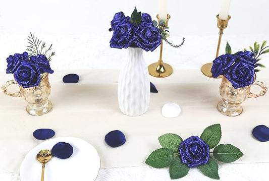 IPOPU Foam Roses, 25pcs Royal Blue Roses Glitter Flowers Artificial Rose with Stem for DIY Wedding Bridal Bouquet Home Party Decoration(Royal Blue)