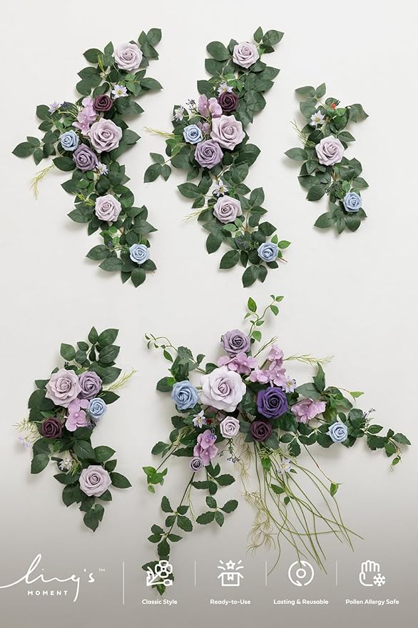 Ling's moment Flower Garland - 6FT Eucalyptus & Rose - Sweetheart Table Decor for Wedding Reception, Artificial Floral Garland for Arch Mantle, Christmas, Backdrop Decoration, Purple