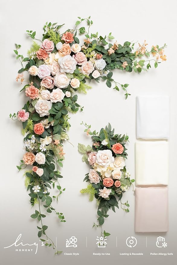 Ling's moment Wedding Arch Flowers with Sheer Drapes Kit - Artificial Spring Pink Rose Floral Arrangements for Garden Ceremony Backdrop, Arbor Decor, 5-Piece Set (2 Flower Stems + 3 Hanging Drapes)