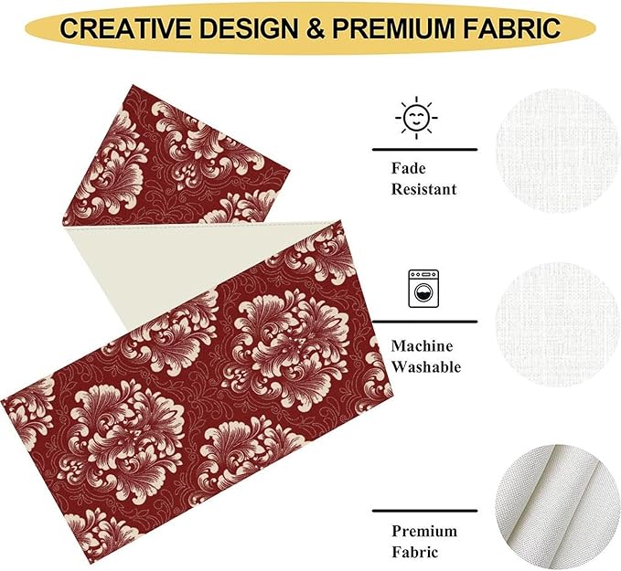 Vintage Damask Table Runner, Red Classical Luxury Old Fashioned Damask Royal Victorian Flora Print Table Center Decor for Family Kitchen Table Decorations Indoor Outdoor 13x108 inch