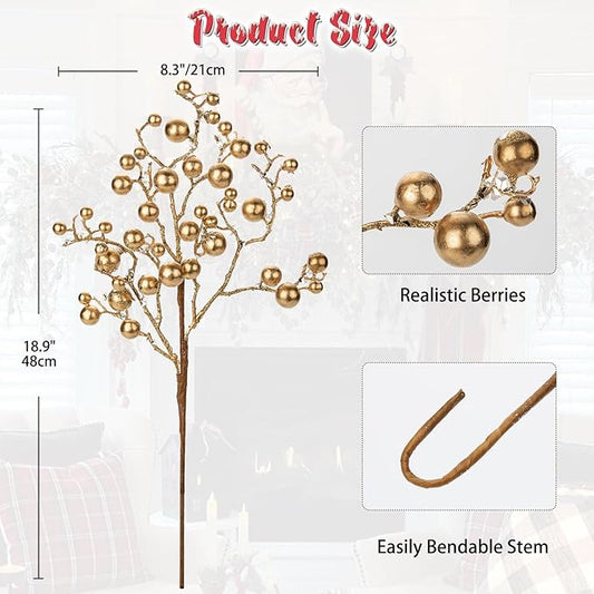 Hollyone 4 Pack Artificial Christmas Glitter Berries Stems, 19 Inch Fake Gold Holly Berry Picks with Ice Snow for Xmas Tree Wreath Floral Arrangements Holiday Home Vase DIY Crafts Decor