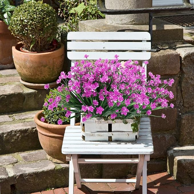 8 Bundles Artificial Flowers, Fake Artificial Greenery UV Resistant No Fade Faux Plastic Plants for Wedding Bridle Bouquet Indoor Outdoor Home Garden Kitchen Office Table Vase (Fuchsia)