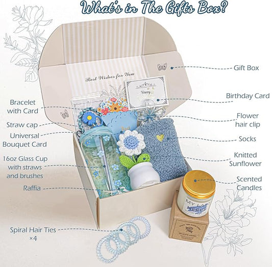 Christmas Birthday Gifts for Teen Girls,Women, Her, Happy Birthday Gift Baskets for Girls Best Friend Sister, Unique Woman Gifts Box for Daughter Girlfriends,14pcs Myosotis Teenage Gift Set(Blue)