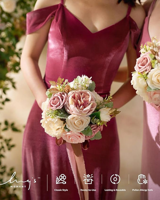 Ling's moment Artificial Flowers Pink Bridesmaid Bouquet Set of 4, Dusty Rose Wedding Flowers Bouquets for Bridesmaids, 7 Inch Bridal Bouquets for Bridesmaids, Wedding, Ceremony, Anniversary, etc