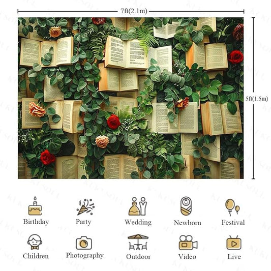 7x5FT Books Theme Photo Backdrop Books Red and Pink Rose Flowers Wall Floral Bridal Shower Backdrops Kids Birthday Girls Wedding Party Decoration Supplies Photo Booth Props KUBDJ976